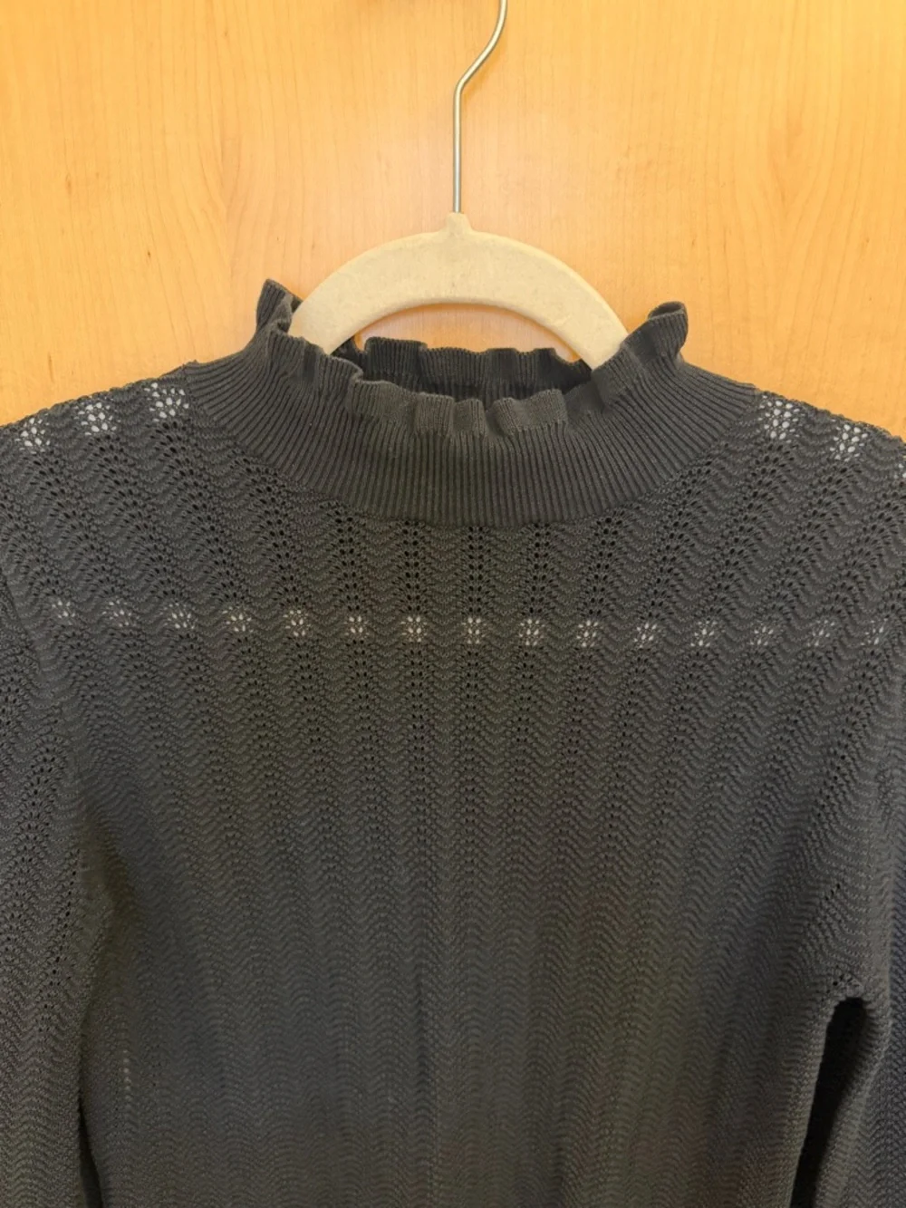 J.crew black 100% cotton ruffle neck semi sheer sweater size small